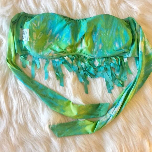 Lucky Brand M Summer Time Tie Dye Fringe Bandeau Bikini Top Swimsuit Green Boho - Picture 5 of 10